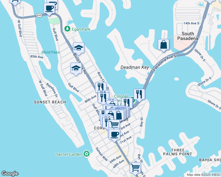 map of restaurants, bars, coffee shops, grocery stores, and more near 7901 Boca Ciega Drive in Saint Pete Beach