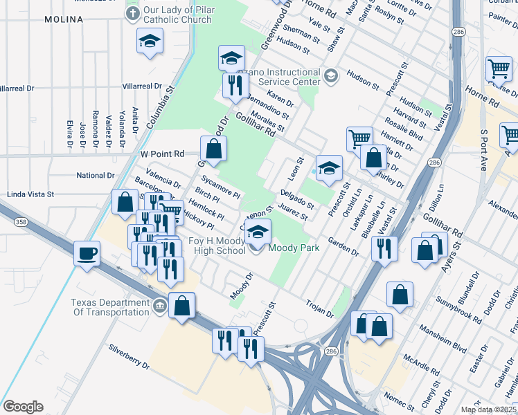 map of restaurants, bars, coffee shops, grocery stores, and more near 4618 Castenon Street in Corpus Christi