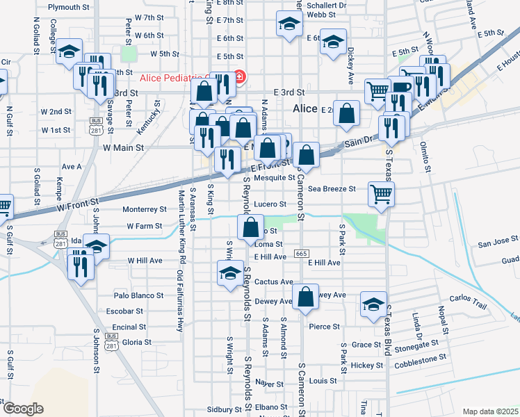 map of restaurants, bars, coffee shops, grocery stores, and more near 404 Lucero Street in Alice