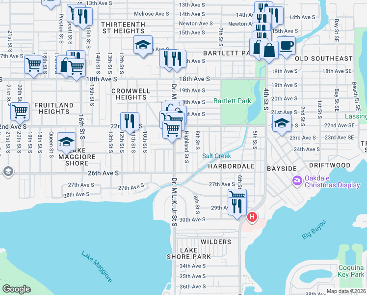 map of restaurants, bars, coffee shops, grocery stores, and more near 2319 Highland Street South in St. Petersburg