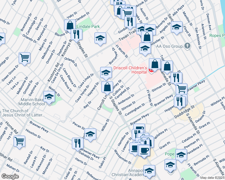 map of restaurants, bars, coffee shops, grocery stores, and more near 1025 Dabney Street in Corpus Christi
