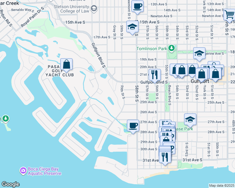 map of restaurants, bars, coffee shops, grocery stores, and more near 2311 59th Street South in Gulfport
