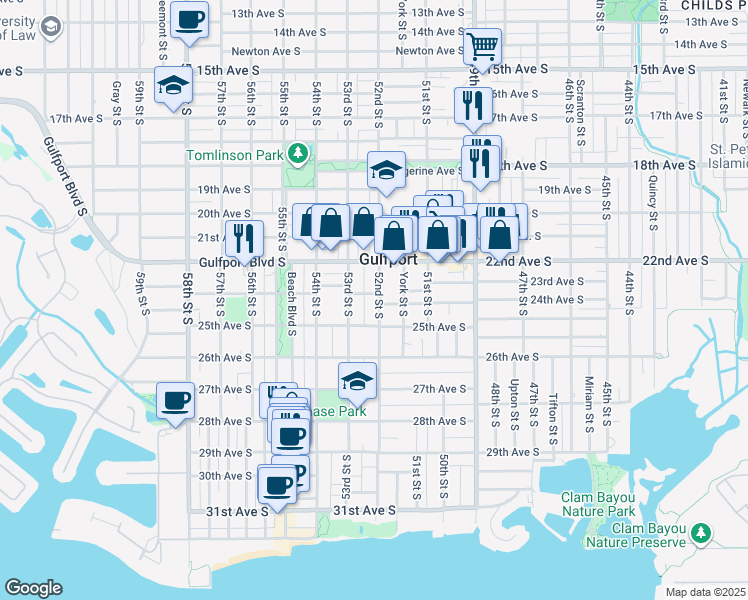 map of restaurants, bars, coffee shops, grocery stores, and more near 5202 23rd Avenue South in Gulfport