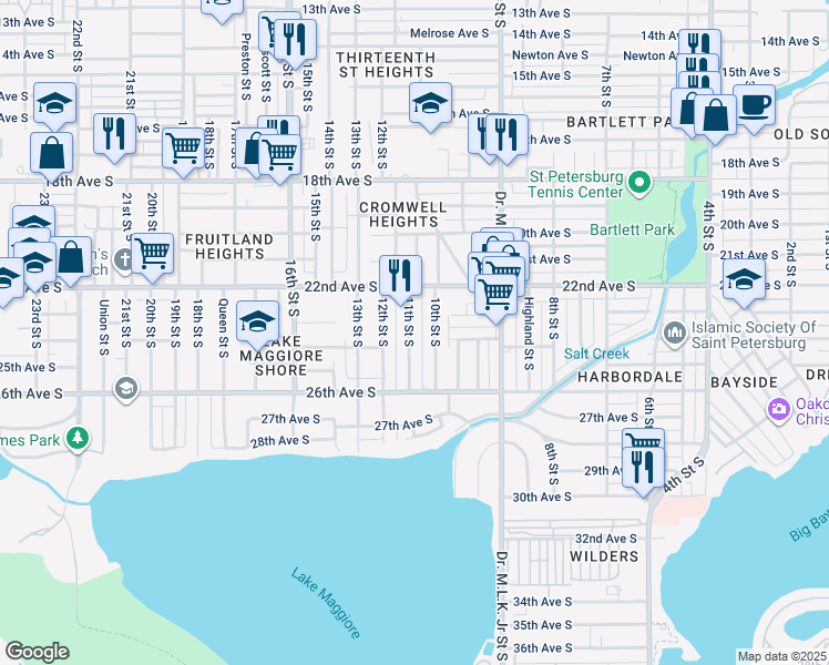 map of restaurants, bars, coffee shops, grocery stores, and more near 2334 11th Street South in Saint Petersburg