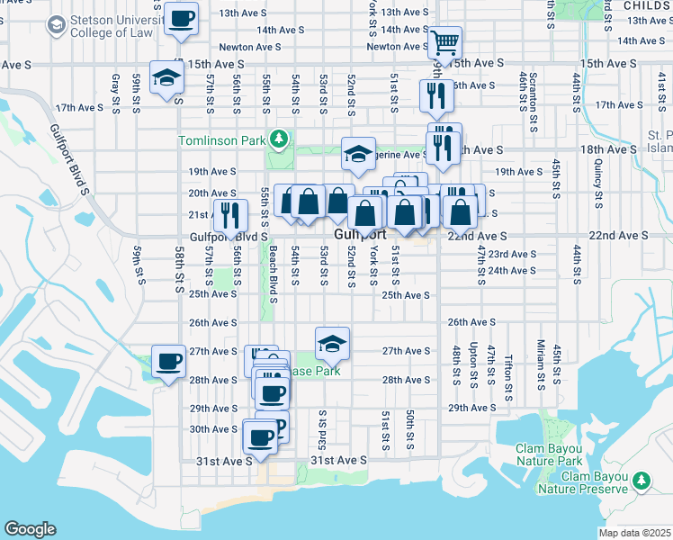 map of restaurants, bars, coffee shops, grocery stores, and more near 5224 23rd Avenue South in Gulfport