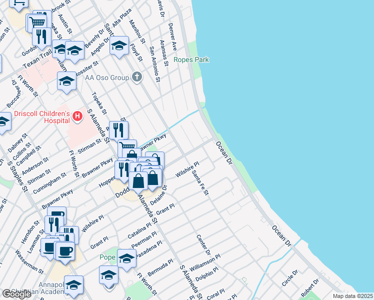 map of restaurants, bars, coffee shops, grocery stores, and more near 222 Doddridge Street in Corpus Christi