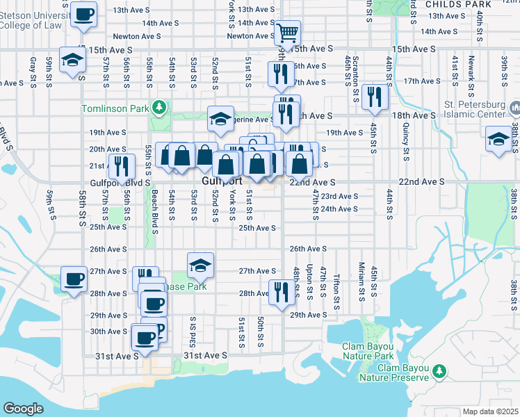 map of restaurants, bars, coffee shops, grocery stores, and more near 5005 24th Avenue South in Gulfport
