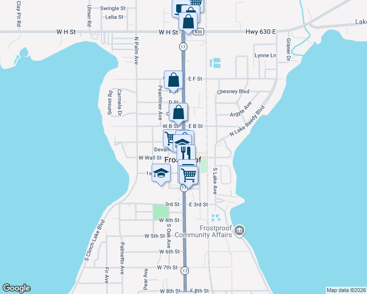 map of restaurants, bars, coffee shops, grocery stores, and more near 109 North Scenic Highway in Frostproof