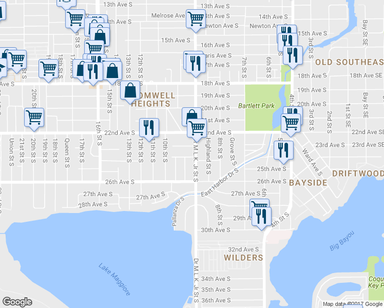 map of restaurants, bars, coffee shops, grocery stores, and more near 2327 Doctor Martin Luther King Junior Street South in St. Petersburg