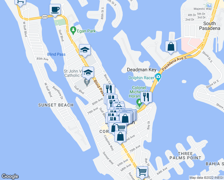 map of restaurants, bars, coffee shops, grocery stores, and more near 7960 Boca Ciega Drive in St. Pete Beach