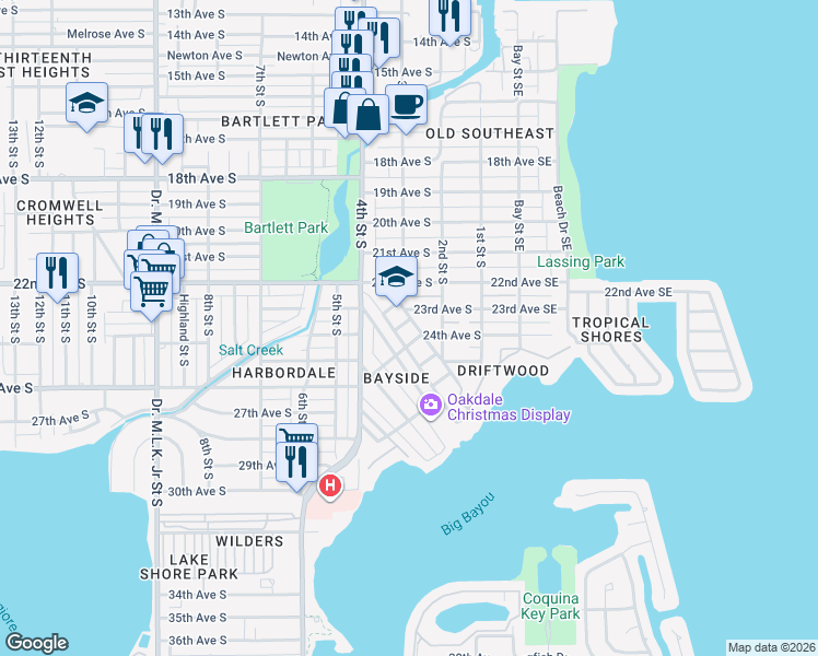 map of restaurants, bars, coffee shops, grocery stores, and more near 2335 Florida Avenue South in St. Petersburg