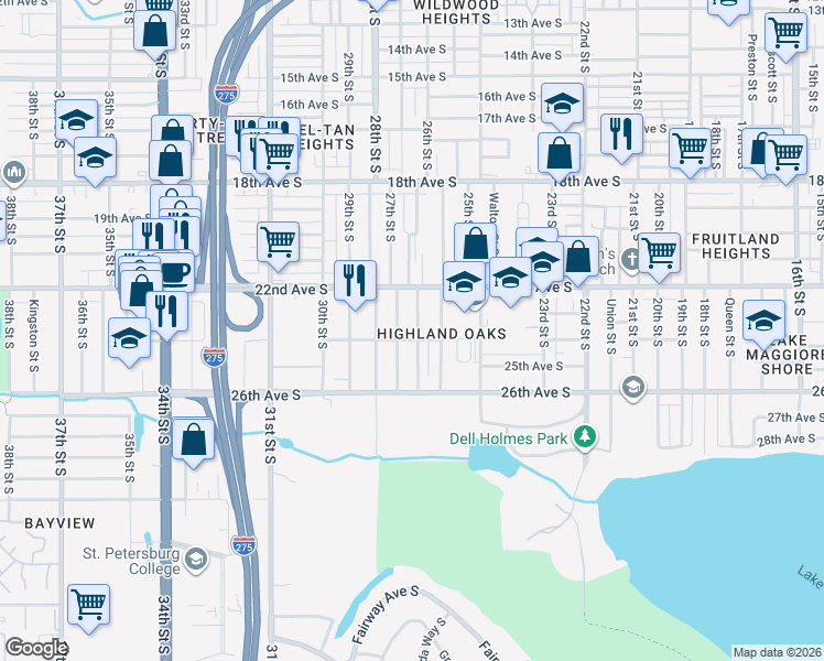 map of restaurants, bars, coffee shops, grocery stores, and more near 2325 Auburn Street South in St. Petersburg
