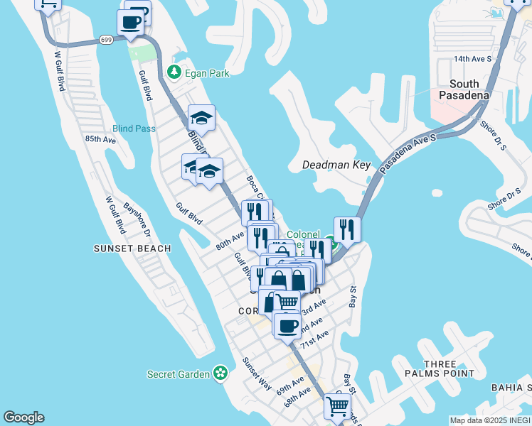 map of restaurants, bars, coffee shops, grocery stores, and more near 323 80th Avenue in St. Pete Beach