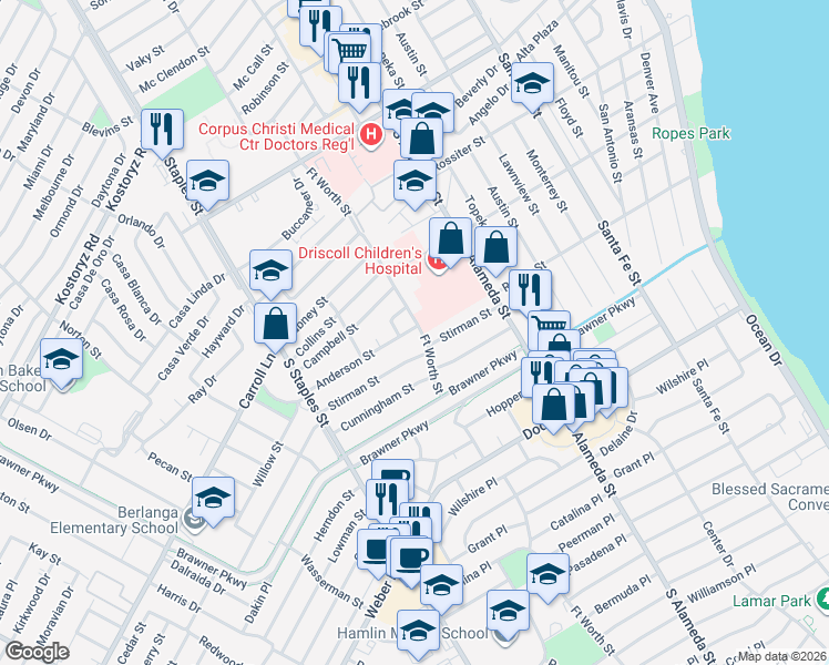 map of restaurants, bars, coffee shops, grocery stores, and more near 706 Anderson Street in Corpus Christi