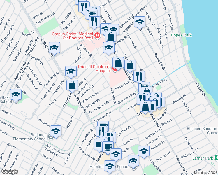 map of restaurants, bars, coffee shops, grocery stores, and more near 706 Anderson Street in Corpus Christi