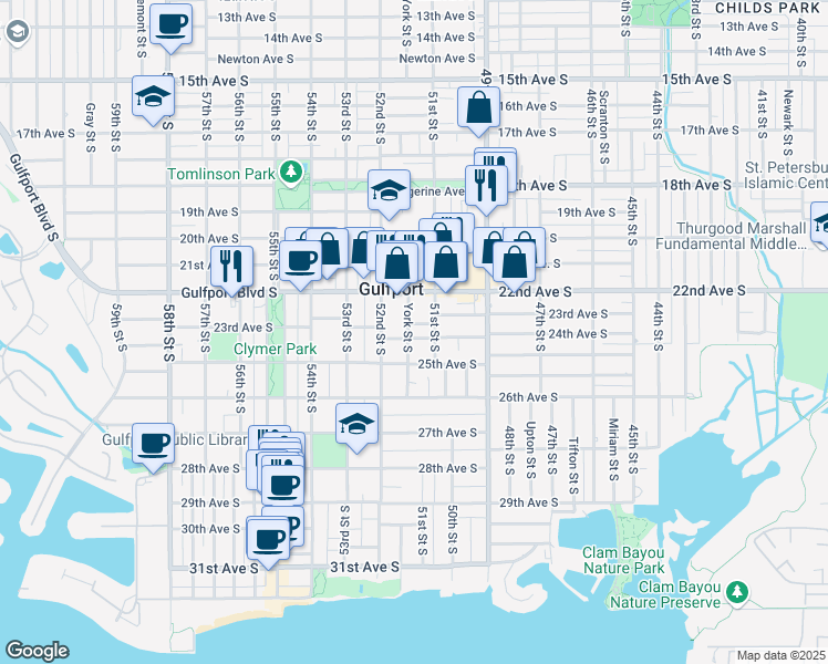 map of restaurants, bars, coffee shops, grocery stores, and more near 5136 23rd Avenue South in Gulfport