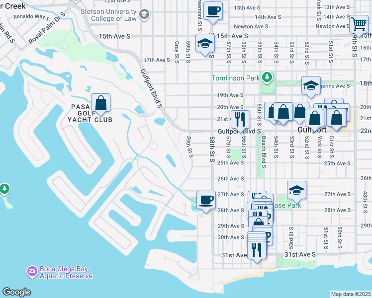 map of restaurants, bars, coffee shops, grocery stores, and more near 2311 59th Street South in Gulfport