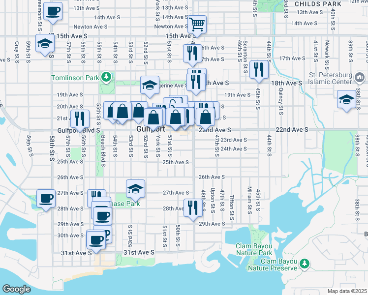 map of restaurants, bars, coffee shops, grocery stores, and more near 5005 24th Avenue South in Gulfport
