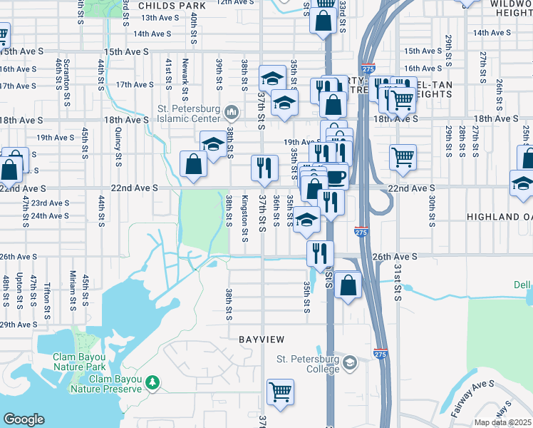 map of restaurants, bars, coffee shops, grocery stores, and more near 2332 37th Street South in St. Petersburg