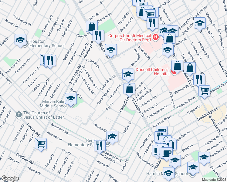 map of restaurants, bars, coffee shops, grocery stores, and more near 1206 Hayward Drive in Corpus Christi