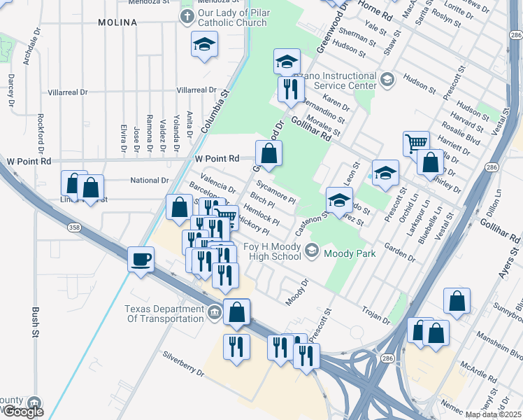 map of restaurants, bars, coffee shops, grocery stores, and more near 1630 Hemlock Place in Corpus Christi