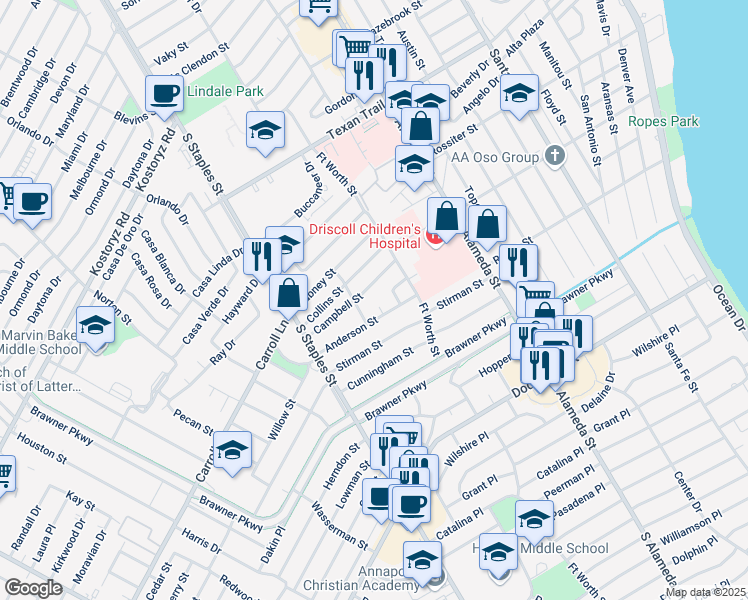 map of restaurants, bars, coffee shops, grocery stores, and more near 742 Woodson Circle in Corpus Christi