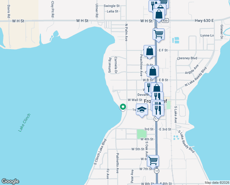 map of restaurants, bars, coffee shops, grocery stores, and more near 370 West A Street in Frostproof