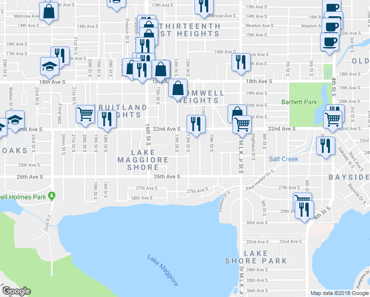 map of restaurants, bars, coffee shops, grocery stores, and more near 2333 12th St S in St Petersburg