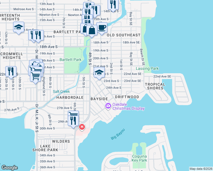 map of restaurants, bars, coffee shops, grocery stores, and more near 2335 Florida Avenue South in St. Petersburg