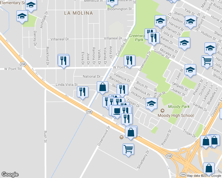 map of restaurants, bars, coffee shops, grocery stores, and more near 1426 Trojan Drive in Corpus Christi