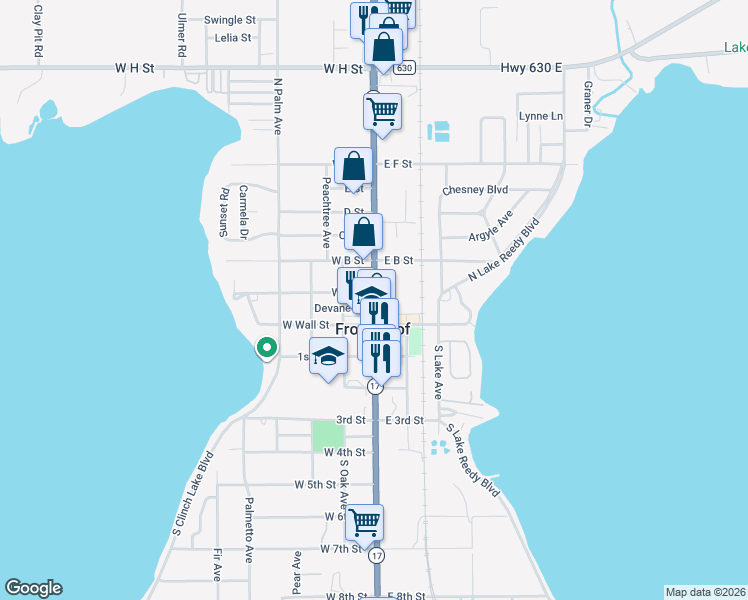 map of restaurants, bars, coffee shops, grocery stores, and more near 109 North Scenic Highway in Frostproof