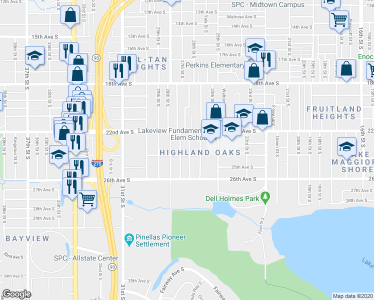 map of restaurants, bars, coffee shops, grocery stores, and more near 2325 Auburn Street South in Saint Petersburg