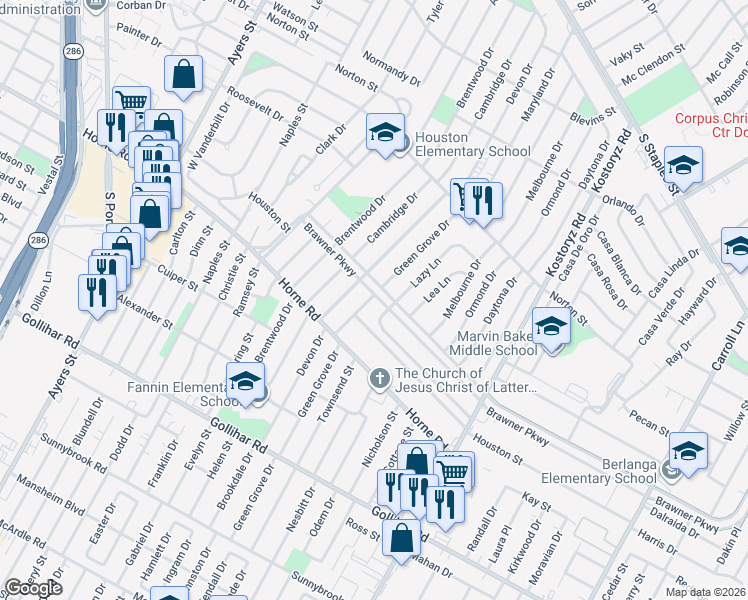 map of restaurants, bars, coffee shops, grocery stores, and more near 4000 Green Grove Drive in Corpus Christi