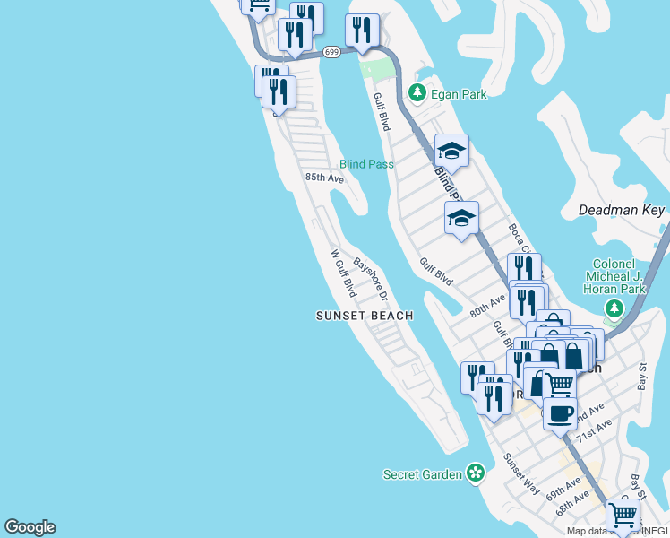 map of restaurants, bars, coffee shops, grocery stores, and more near 8410 West Gulf Boulevard in Treasure Island