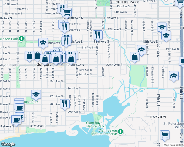 map of restaurants, bars, coffee shops, grocery stores, and more near 4545 24th Avenue South in St. Petersburg