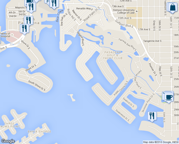 map of restaurants, bars, coffee shops, grocery stores, and more near 2040 Dolphin Blvd S in St Petersburg