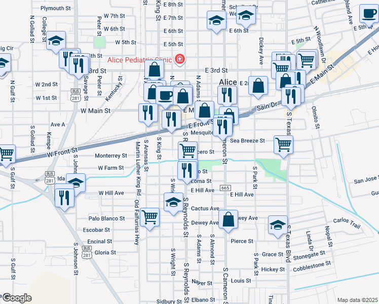 map of restaurants, bars, coffee shops, grocery stores, and more near 404 Lucero Street in Alice