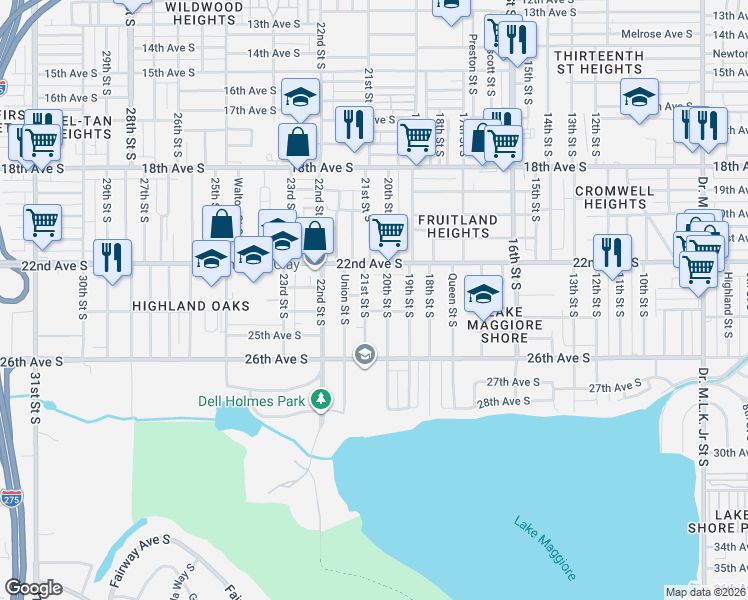 map of restaurants, bars, coffee shops, grocery stores, and more near 2301 20th Street South in St. Petersburg
