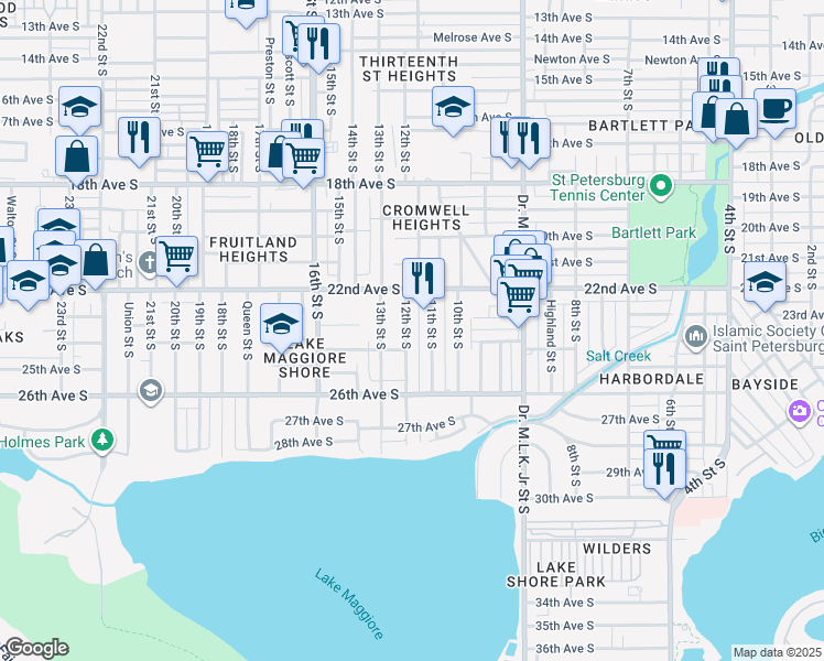 map of restaurants, bars, coffee shops, grocery stores, and more near 2324 12th Street South in St. Petersburg