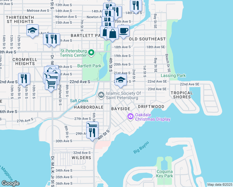 map of restaurants, bars, coffee shops, grocery stores, and more near 2350 Oakdale Street South in St. Petersburg
