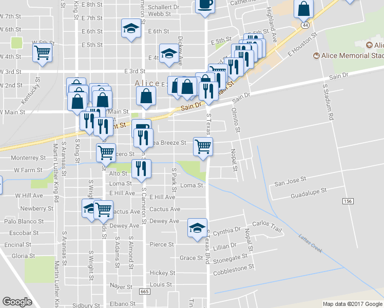 map of restaurants, bars, coffee shops, grocery stores, and more near 844 Lucero Street in Alice