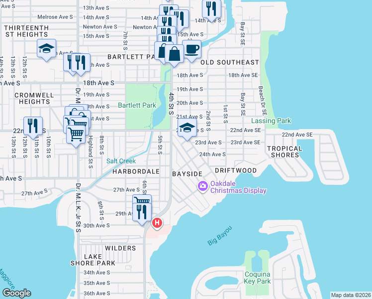 map of restaurants, bars, coffee shops, grocery stores, and more near 330 Indiana Court South in Saint Petersburg