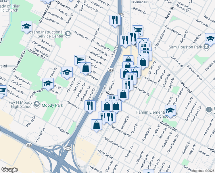 map of restaurants, bars, coffee shops, grocery stores, and more near 2202 Gollihar Road in Corpus Christi