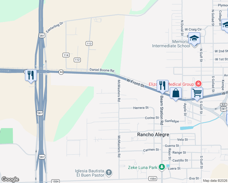 map of restaurants, bars, coffee shops, grocery stores, and more near 1917 Rodriguez Street in Alice