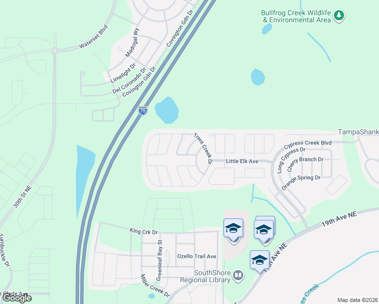map of restaurants, bars, coffee shops, grocery stores, and more near 15424 Lost Creek Lane in Ruskin