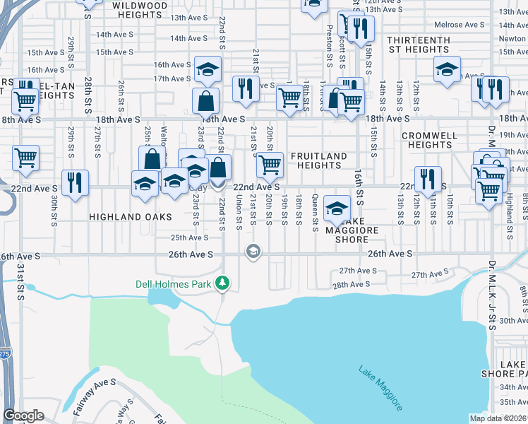 map of restaurants, bars, coffee shops, grocery stores, and more near 2301 20th Street South in St. Petersburg