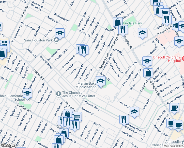 map of restaurants, bars, coffee shops, grocery stores, and more near 1509 Wynwood Drive in Corpus Christi