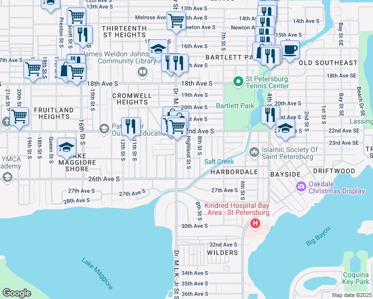 map of restaurants, bars, coffee shops, grocery stores, and more near 2319 Highland Street South in Saint Petersburg