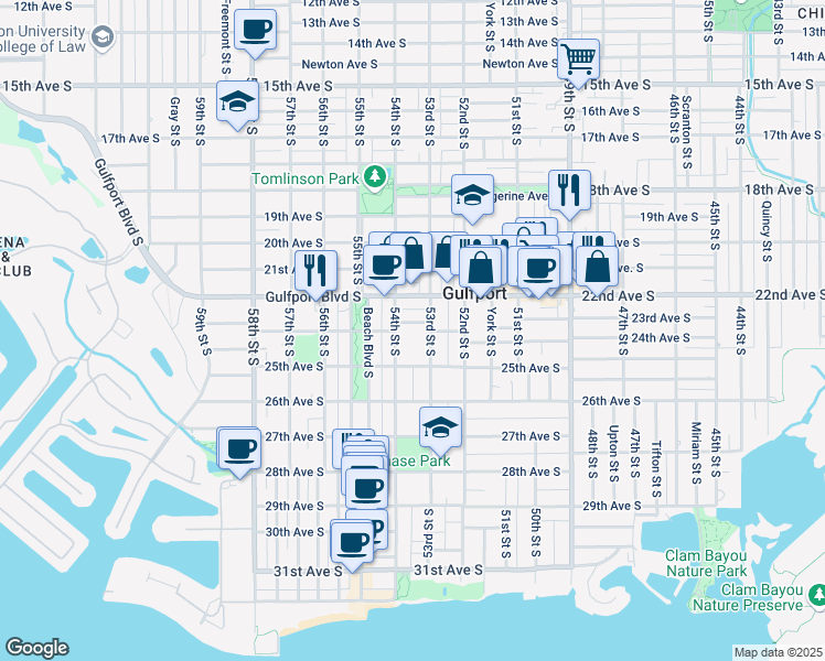 map of restaurants, bars, coffee shops, grocery stores, and more near 5314 23rd Avenue South in Gulfport