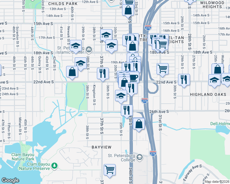map of restaurants, bars, coffee shops, grocery stores, and more near 2326 35th Street South in Saint Petersburg